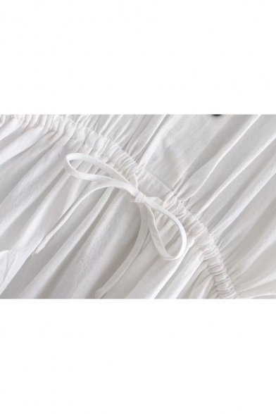 Button Front Round Neck 3/4 Length Sleeve Plain Drawstring Waist Midi A-Line Dress