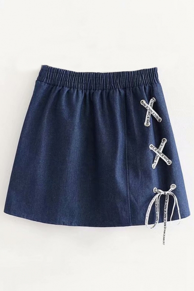 Chic Elastic Waist Plain A-Line Denim Skirt with Letter Strap Tie