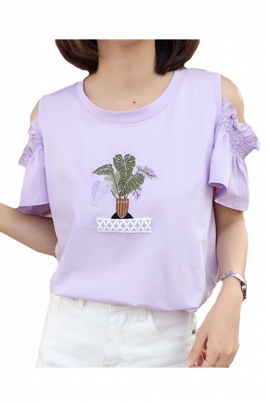 Cold Shoulder Plant Embroidered Round Neck Short Sleeve Leisure Tee
