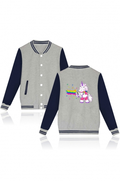 Contrast Striped Trim Stand Up Collar Unicorn Printed Long Sleeve Button Down Baseball Jacket