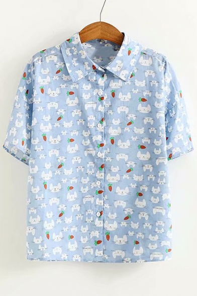 Cute Animal Carrot All Over Printed Lapel Collar Short Sleeve Button Down Shirt