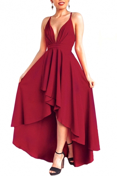 Elegant Plain Spaghetti Straps Sleeveless Asymmetric Dress