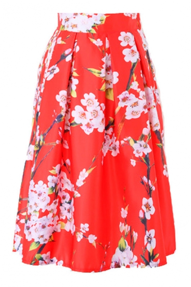 Floral Printed Elastic Waist Midi A-Line Pleated Skirt
