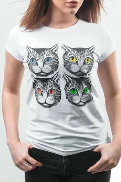 Four Cats Printed Round Neck Short Sleeve Slim Tee
