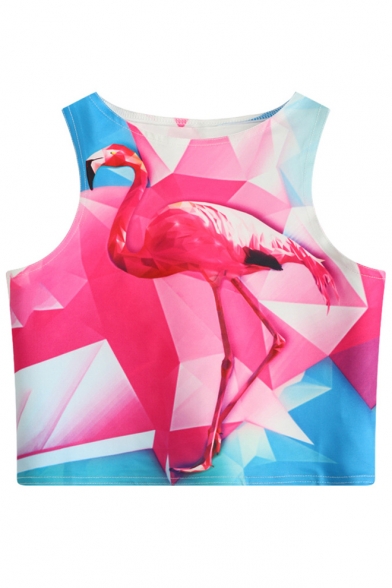 Geometric Flamingo Printed Round Neck Sleeveless Crop Tank