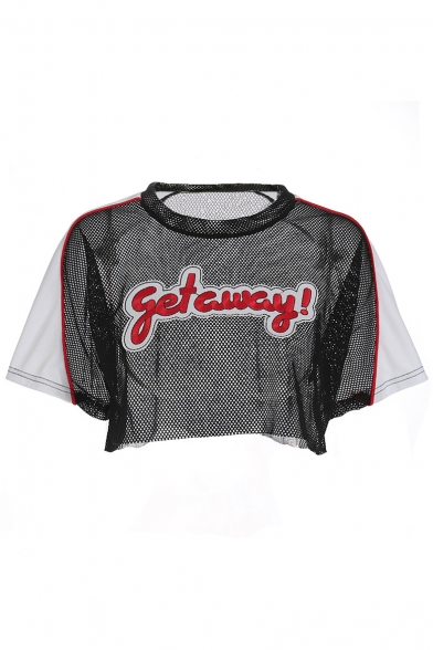 GET AWAY Letter Embroidered Applique Sheer Mesh Patchwork Round NECK Short Sleeve Crop Tee