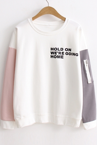 HOLD ON Letter Color Block Long Sleeve Round Neck Sweatshirt