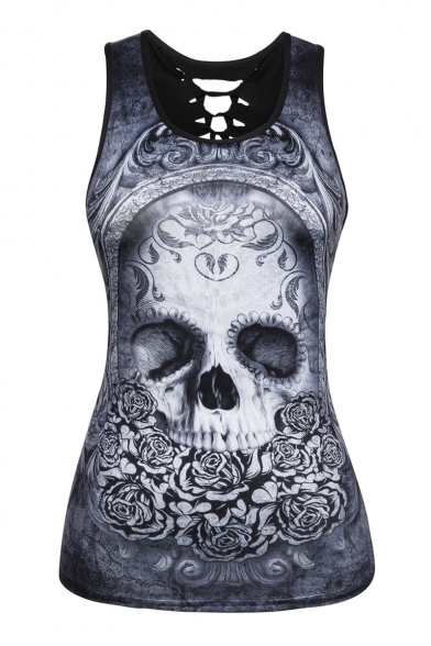 Hollow Out Back Skull Floral Printed Round Neck Sleeveless Tank