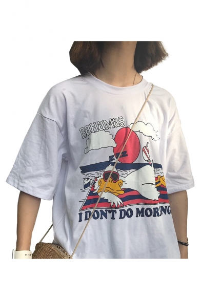 I DON'T DO MORNING Letter Duck Printed Round Neck Short Sleeve Leisure Tee
