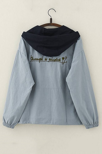 Letter Embroidered Back Long Sleeve Zip Up Loose Hooded Coat