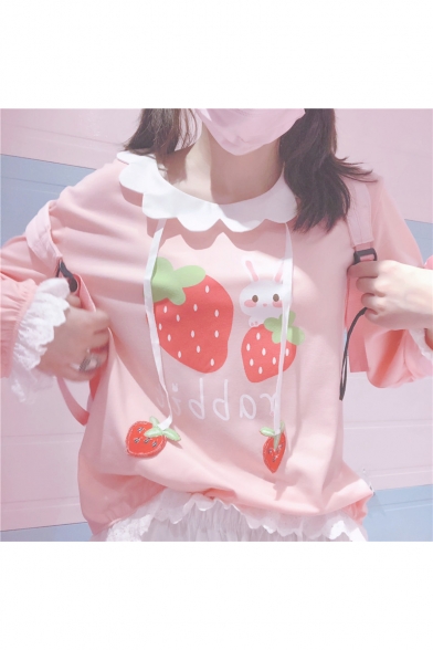 Letter Rabbit Strawberry Printed Contrast Trim Round Neck Long Sleeve Sweatshirt