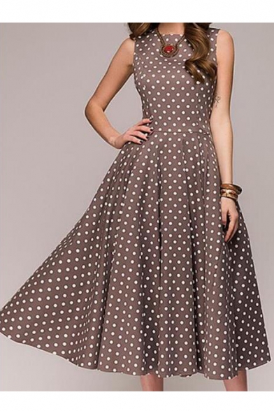 Retro Round Neck Sleeveless Polka Dot Printed Maxi A-Line Dress