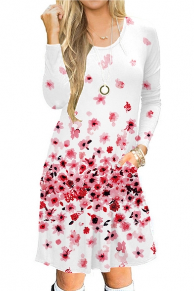 Round Neck Long Sleeve Floral Printed Midi A-Line Dress