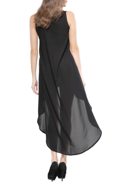 Round Neck Sleeveless Plain Maxi Asymmetric Chiffon Dress