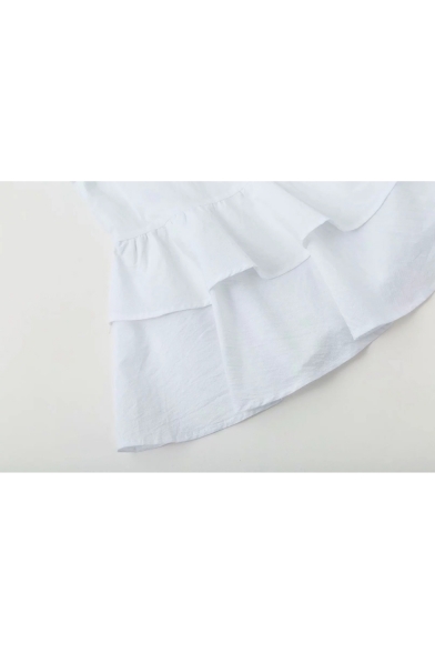 Ruffle Detail Plain Round Neck 3/4 Length Sleeve Mini A-Line Dress