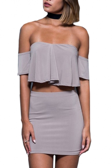 Sexy Plain Off The Shoulder Short Sleeve Crop Top with High Waist Bodycon Skirt Co-ords