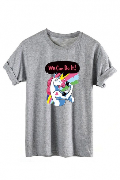 WE CAN DO IT Letter Unicorn Printed Round Neck Short Sleeve Tee