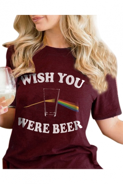 WISH YOU WERE BEER Letter Cup Printed Round Neck Short Sleeve Tee