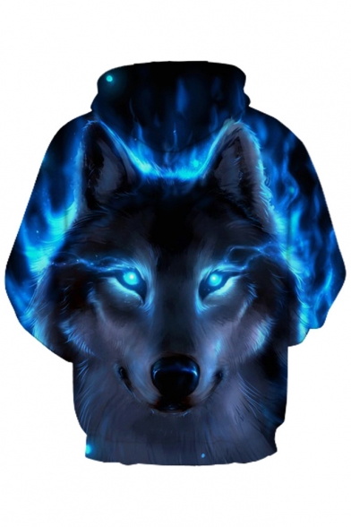 Wolf Blue Fire Printed Long Sleeve Leisure Hoodie