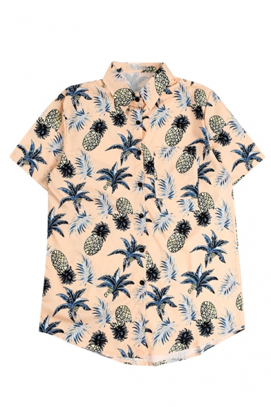 All Over Pineapple Printed Lapel Collar Short Sleeve Button Down Shirt