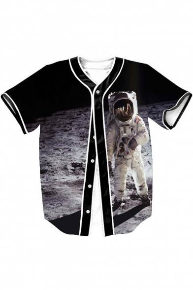 Astronaut Space Printed V Neck Button Down Short Sleeve Baseball Tee