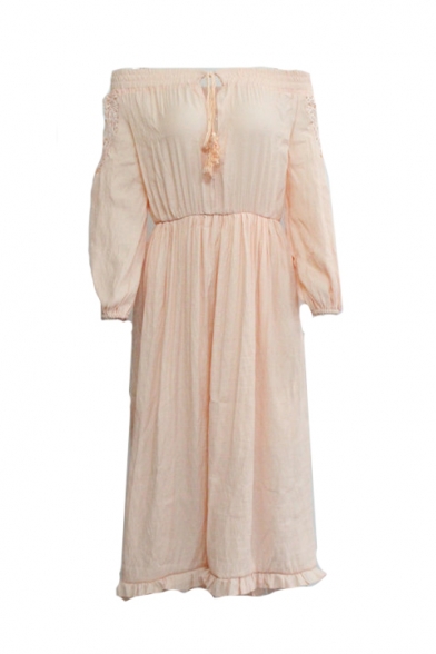 Bohemia Style Off The Shoulder Long Sleeve Lace Insert Maxi Asymmetric Dress
