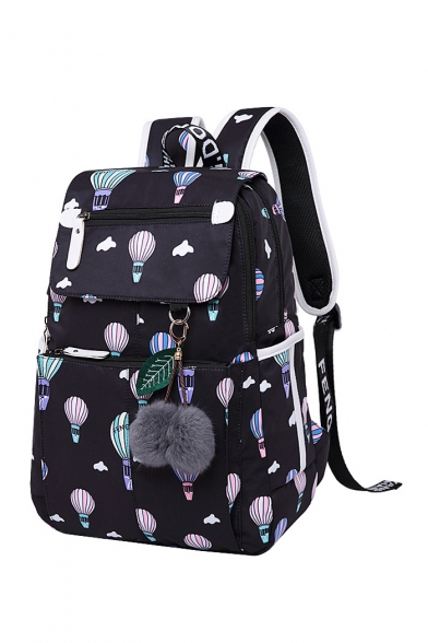 Cartoon Printed Larger Capacity Pom Pom Pendant Embellished Backpack School Bag