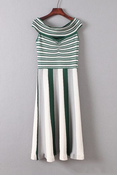 Color Block Striped Printed Off The Shoulder Short Sleeve Midi A-Line Dress