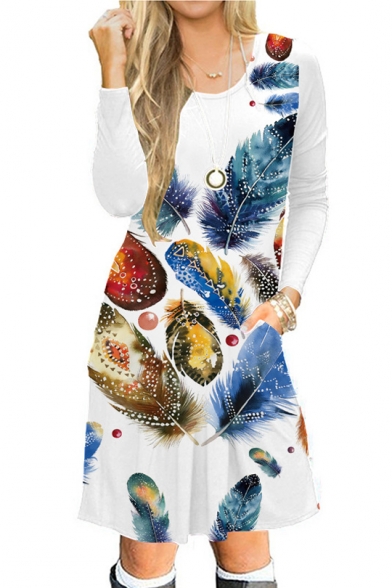 Colorful Feather Printed Long Sleeve Round Neck Midi A-Line Dress