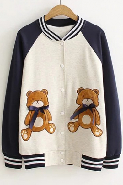 Contrast Striped Stand Up Collar Color Block Raglan Long Sleeve Bear Embroidered Button Down Baseball Jacket