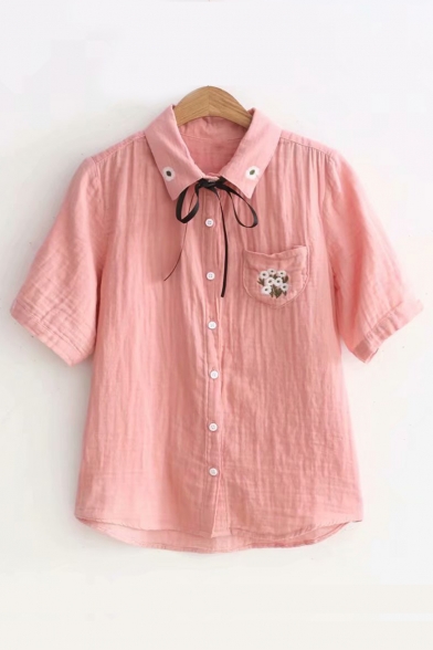 

Embroidered Floral Pattern Short Sleeve Bow Tie Neck Shirt, Pink;white, LC476672