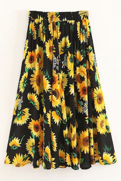 Fashionable Sunflower Pattern Elastic Waist Skirt