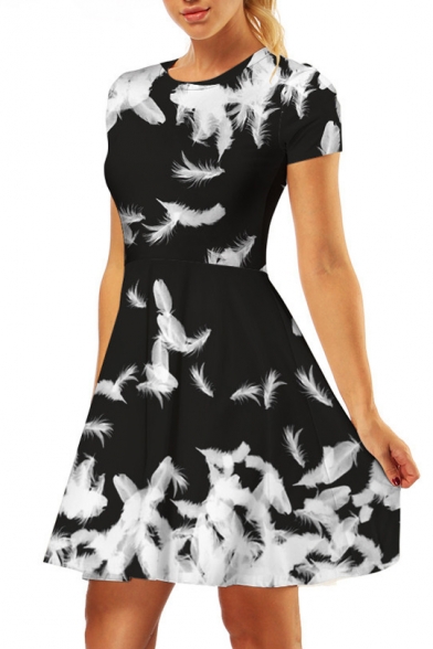 Feather Printed Round Neck Short Sleeve Mini A-Line Dress