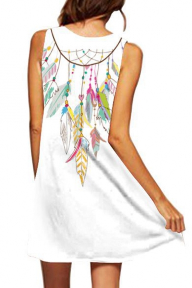 Feather Printed Round Neck Sleeveless Mini A-Line Dress