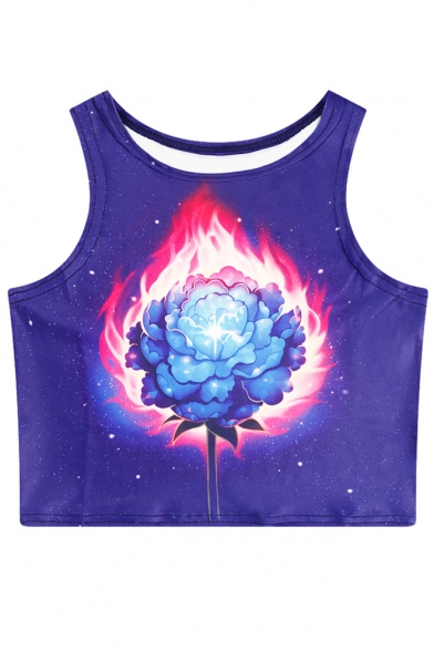 Fire Floral Printed Round Neck Sleeveless Crop Tank