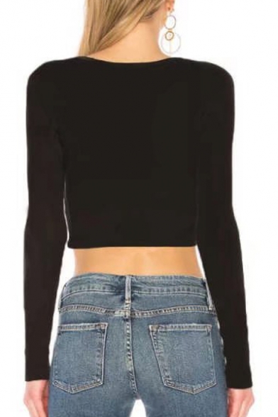 Plain Hollow Out Front Round Neck Long Sleeve Crop Tee