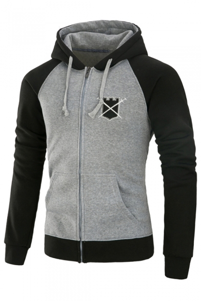 Shield Embroidered Color Block Long Sleeve Zip Up Hoodie