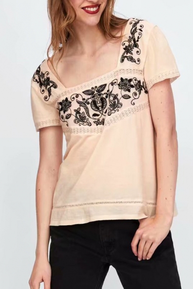 Square Neck Short Sleeve Floral Embroidered Blouse