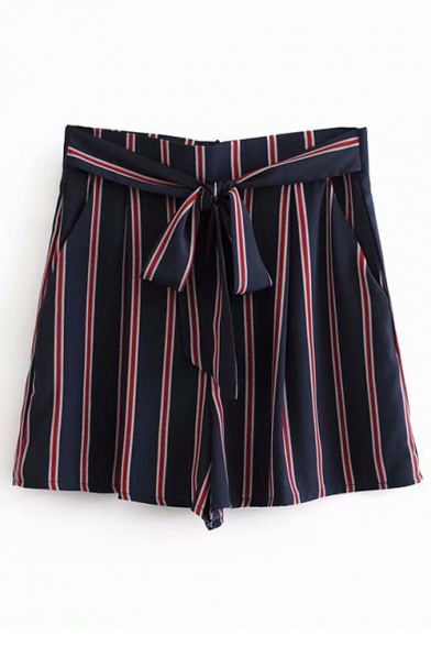 Striped Printed High Waist Tie Front Loose Shorts