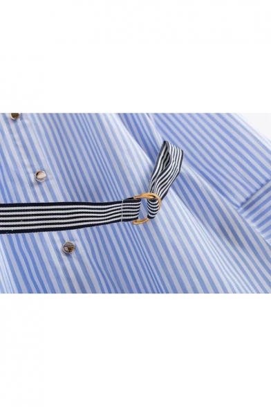 Striped Printed Long Sleeve Button Down Lapel Collar Midi Shirt Dress
