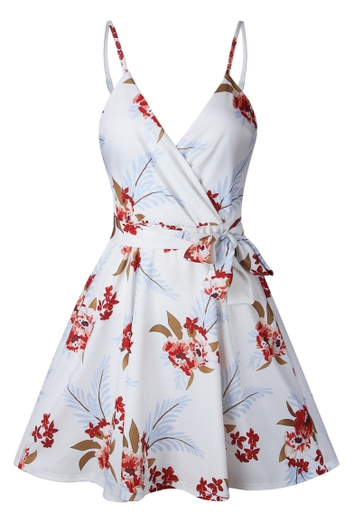 Tied Waist Floral Printed Spaghetti Straps Sleeveless Mini A-Line Dress