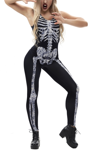 Trendy Skeleton Printed V Neck Sleeveless Skinny Jumpsuit