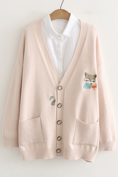 V Neck Button Down Long Sleeve Fox Embroidered Cardigan