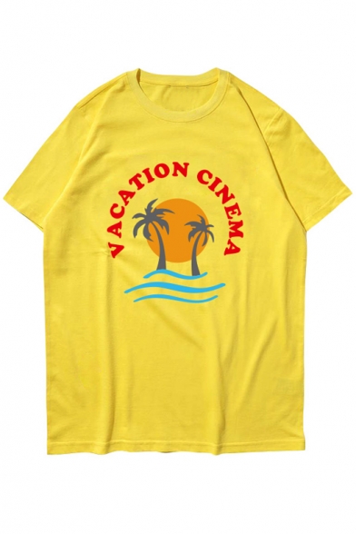 VACATION CINEMA Letter Tree Printed Round Neck Short Sleeve Graphic Tee