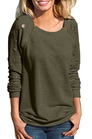 Zipper Keyhole Embellished Round Neck Long Sleeve Slim Sweatshirt