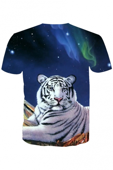 3D White Tiger Printed Round Neck Short Sleeve Tee