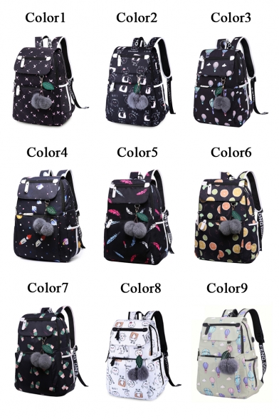 Cartoon Printed Larger Capacity Pom Pom Pendant Embellished Backpack School Bag