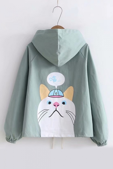 Cat Chinese Printed Back Long Sleeve Button Down Hooded Coat