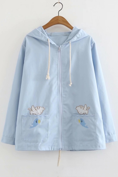 Cat Fish Embroidered Pocket Zip Up Long Sleeve Hooded Coat