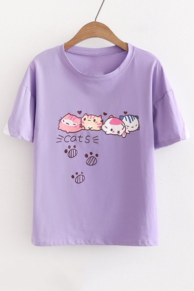 CATS Letter Animal Printed Round Neck Short Sleeve Graphic Tee